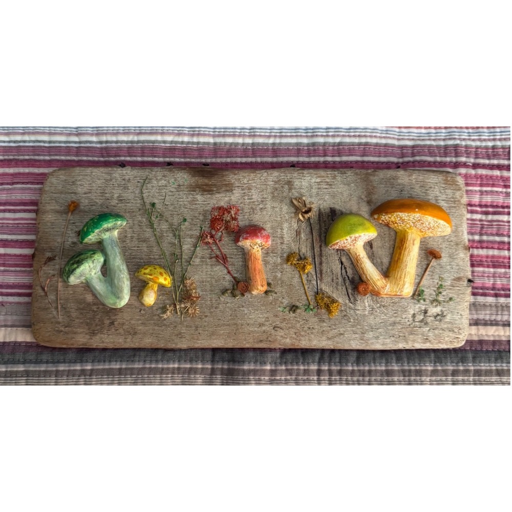Handmade Mushroom Wall Art 3D Fungi Dried Flowers Rustic Wood Plank Decor